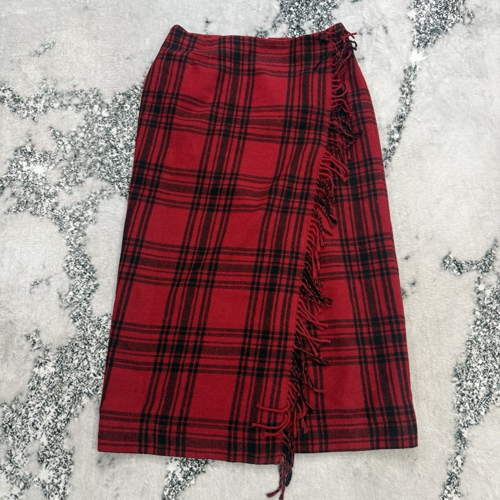 Cambridge Country Red Plaid Wrap Skirt Fringe Wool Blend  Womens 14P Tartan Midi